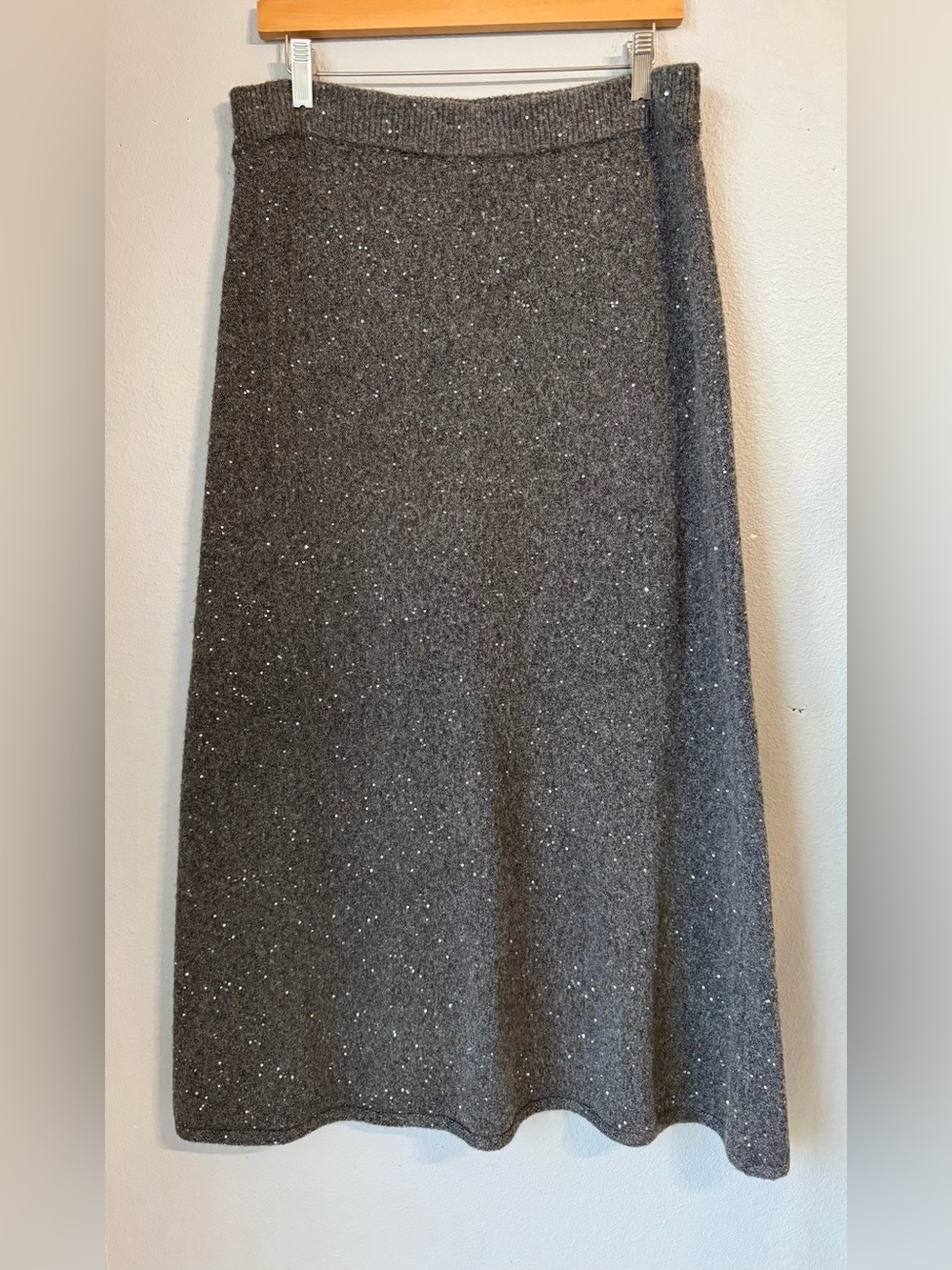 Zara Dark Grey Knit Sequin Detail Wool Blend Midi A Line Skirt Women’s Size L